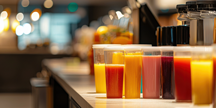 A group of glasses of different colored drinksAI-generated content may be incorrect.